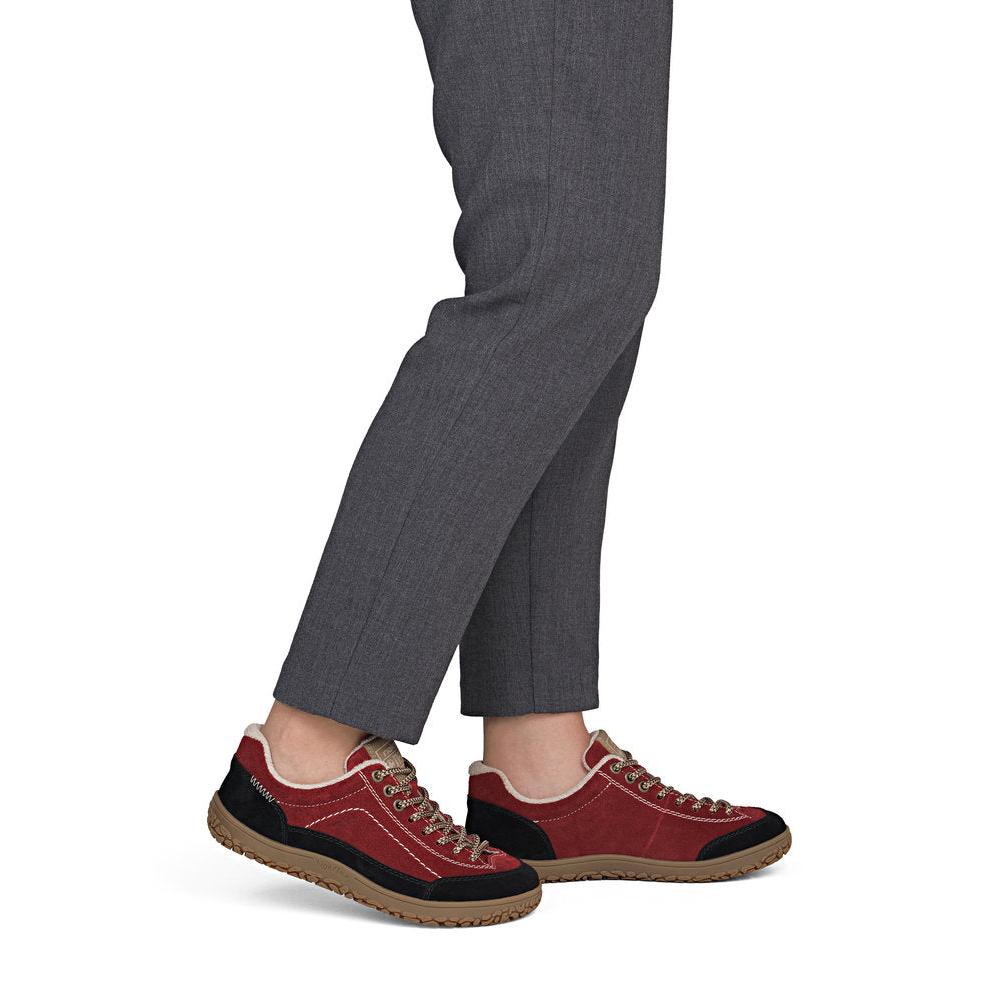 Rieker 52303-35 women's wide red/black suede lace up shoes, on-foot lifestyle view.