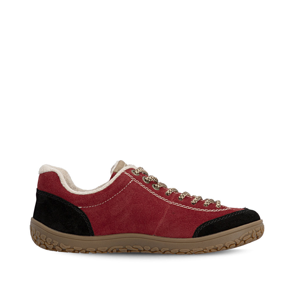 Rieker 52303-35 women's wide red/black suede lace up shoes, outer side view.