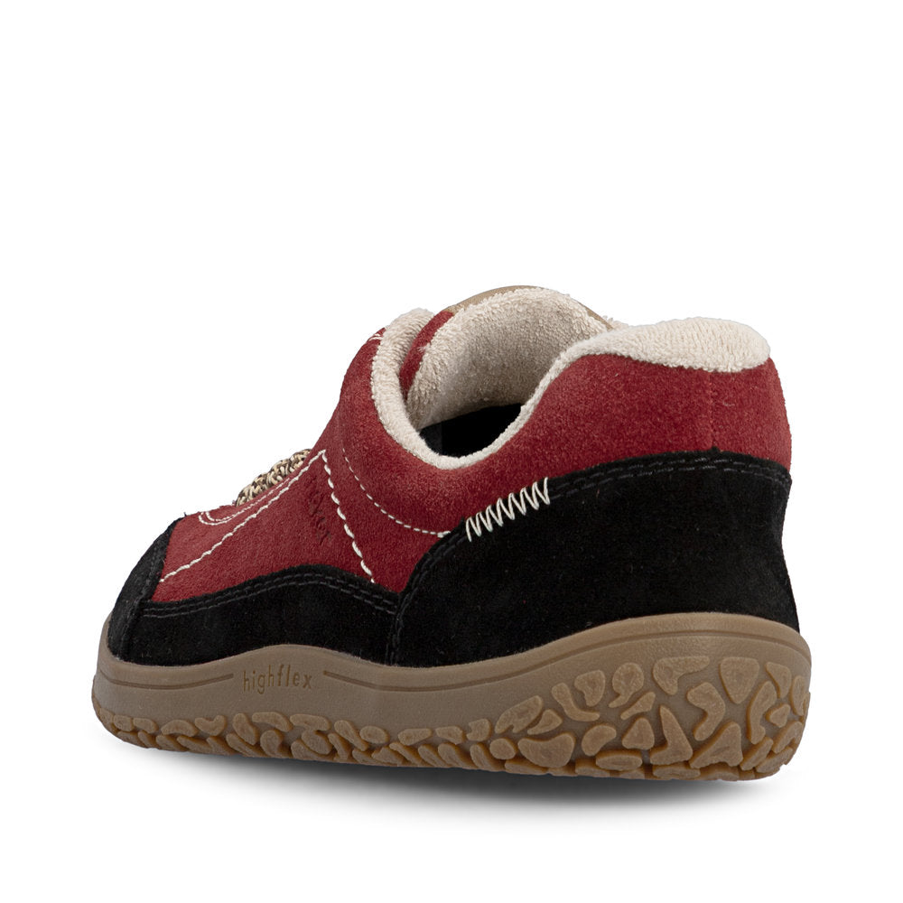 Rieker 52303-35 women's wide red/black suede lace up shoes, rear three-quarter view.