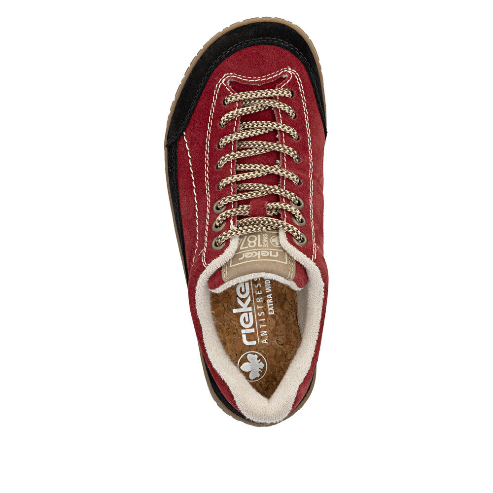Rieker 52303-35 women's wide red/black suede lace up shoes, top view.