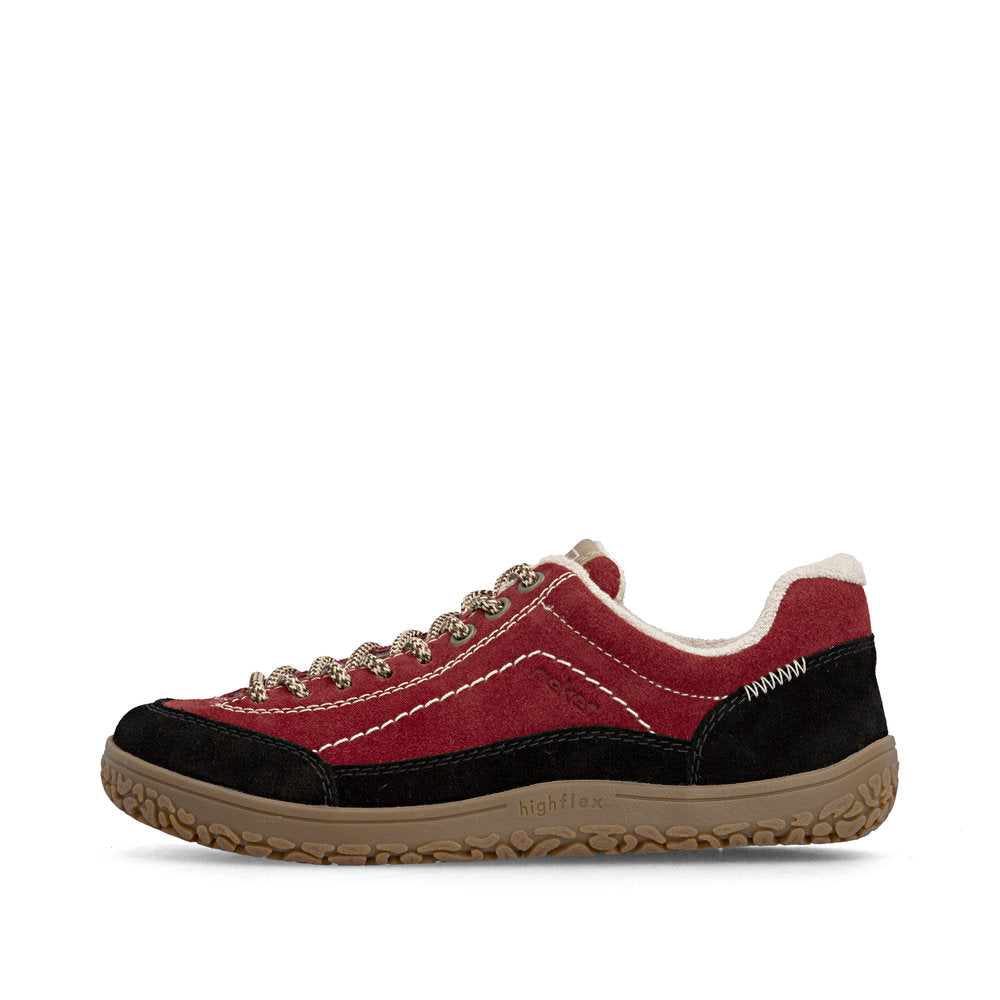 Rieker 52303-35 women's wide red/black suede lace up shoes, inner side view.