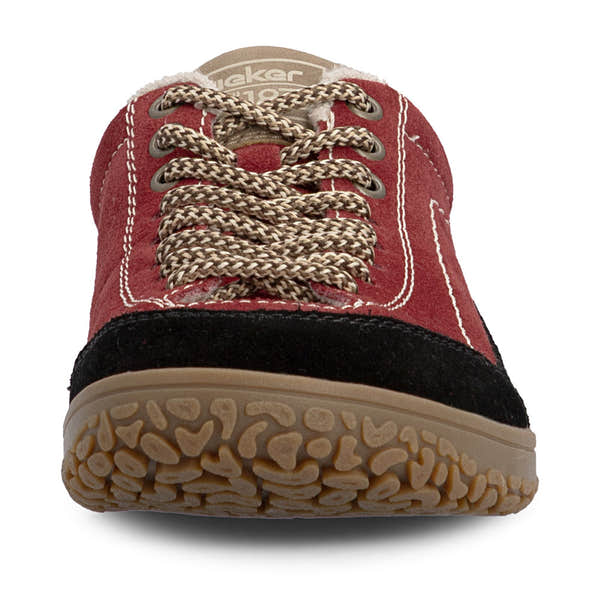 Rieker 52303-35 women's wide red/black suede lace up shoes, front view.