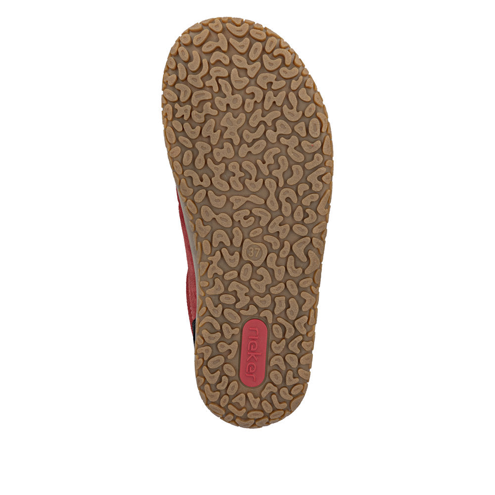 Rieker 52303-35 women's wide red/black suede lace up shoes, sole and tread view.