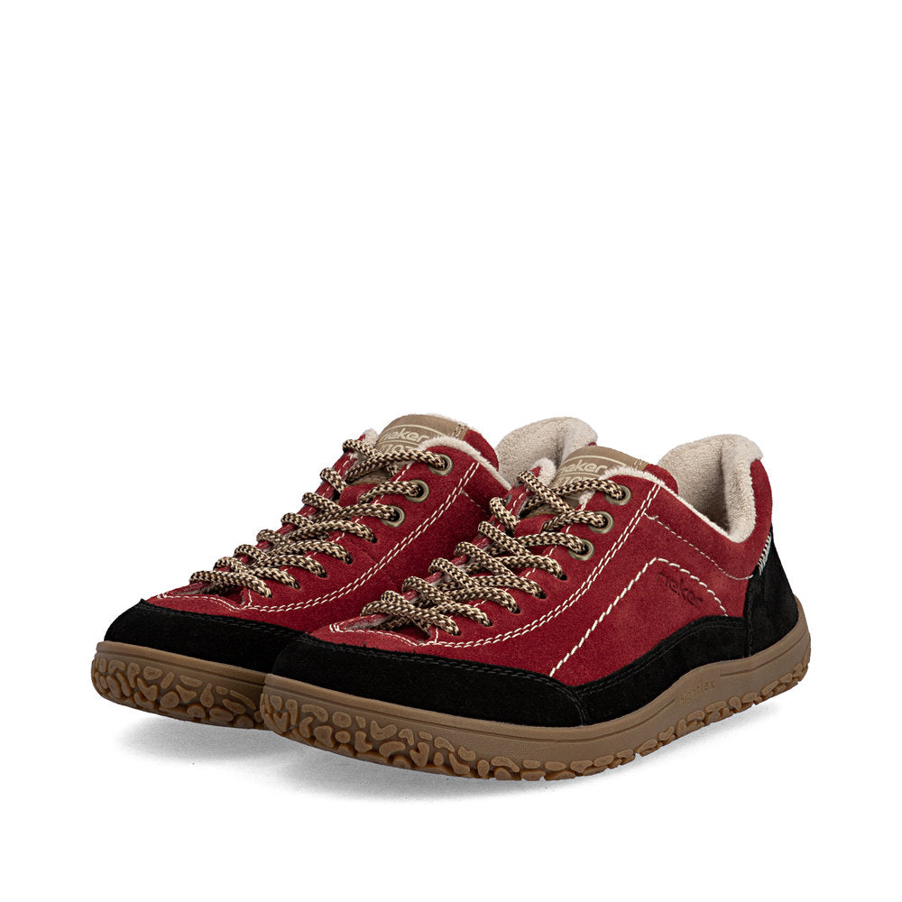 Rieker 52303-35 women's wide red/black suede lace up shoes, paired three-quarter view.