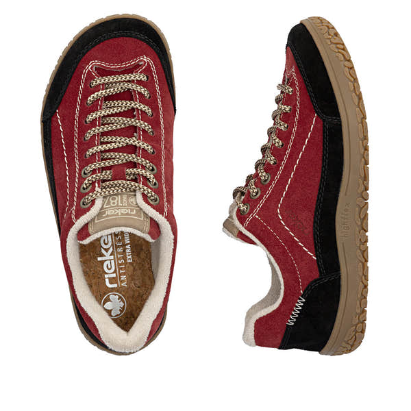 Rieker 52303-35 women's wide red/black suede lace up shoes, two-angle product view.