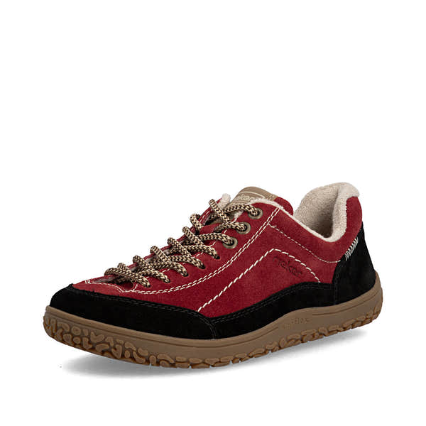 Rieker 52303-35 women's wide red/black suede lace up shoes, front three-quarter view.