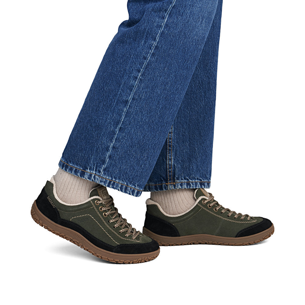 Rieker 52303-54 women's wide green/black suede lace up shoes, on-foot lifestyle view.