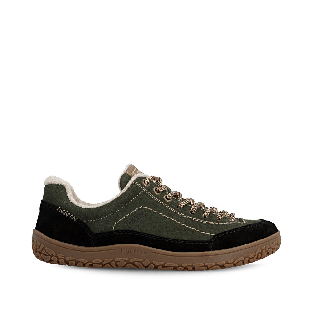 Rieker 52303-54 women's wide green/black suede lace up shoes, opposite side view.