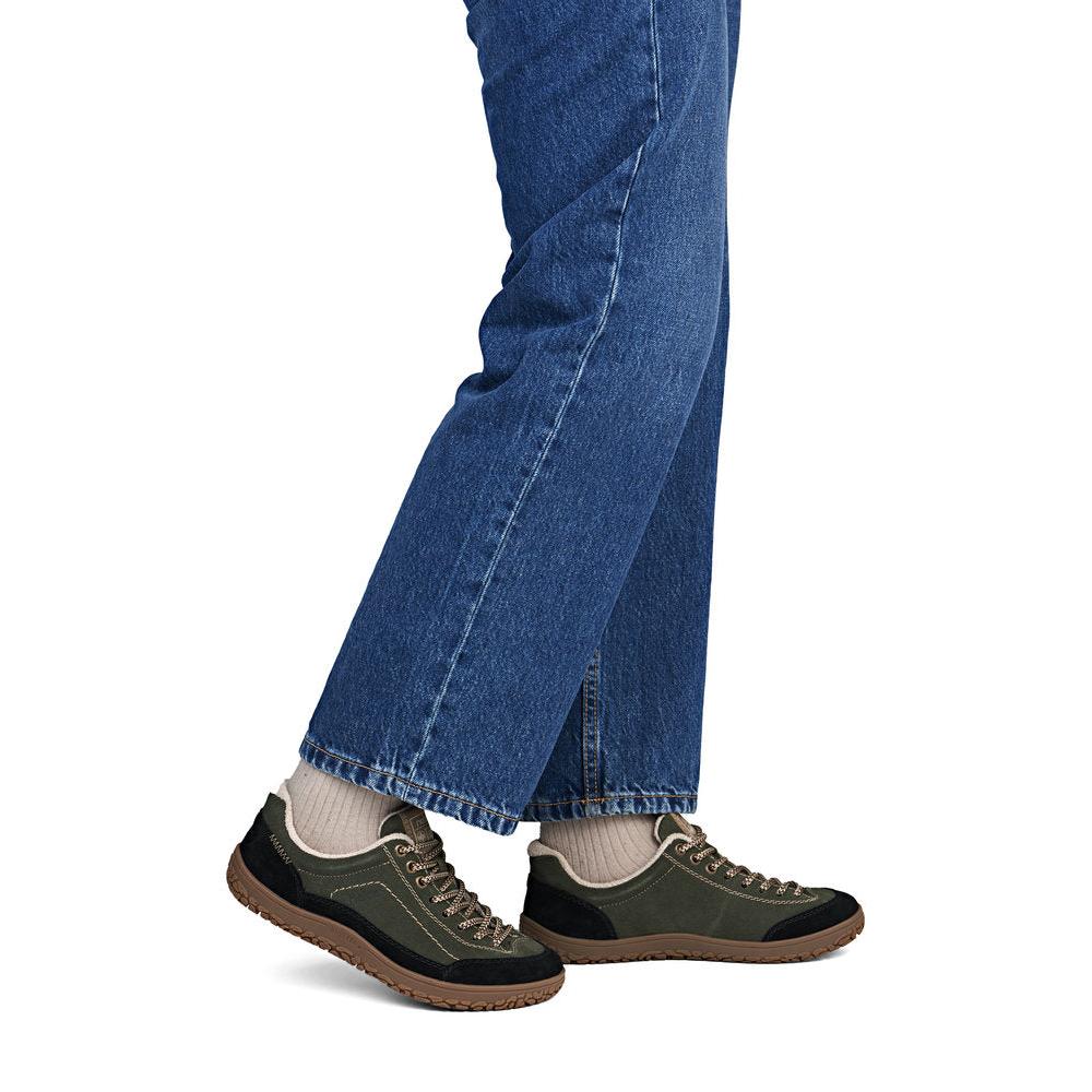 Rieker 52303-54 women's wide green/black suede lace up shoes, on-foot lifestyle view.