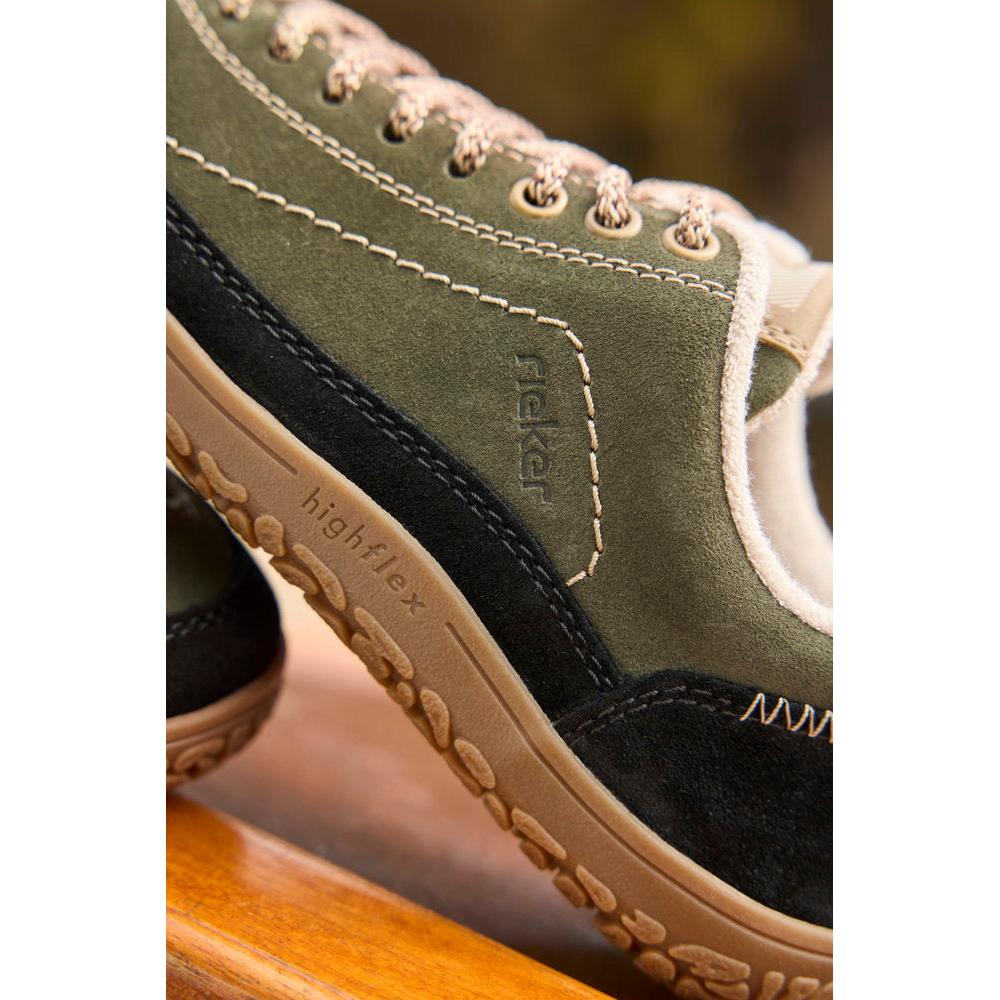 Rieker 52303-54 women's wide green/black suede lace up shoes, lifestyle view 3 of 3.
