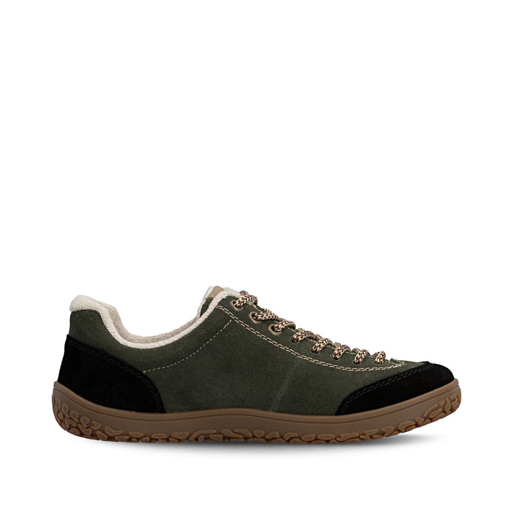 Rieker 52303-54 women's wide green/black suede lace up shoes, outer side view.