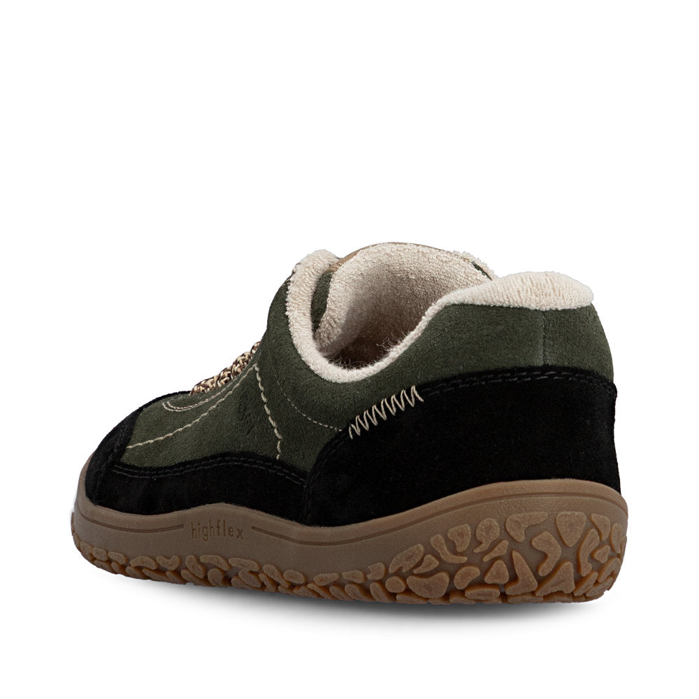 Rieker 52303-54 women's wide green/black suede lace up shoes, rear three-quarter view.