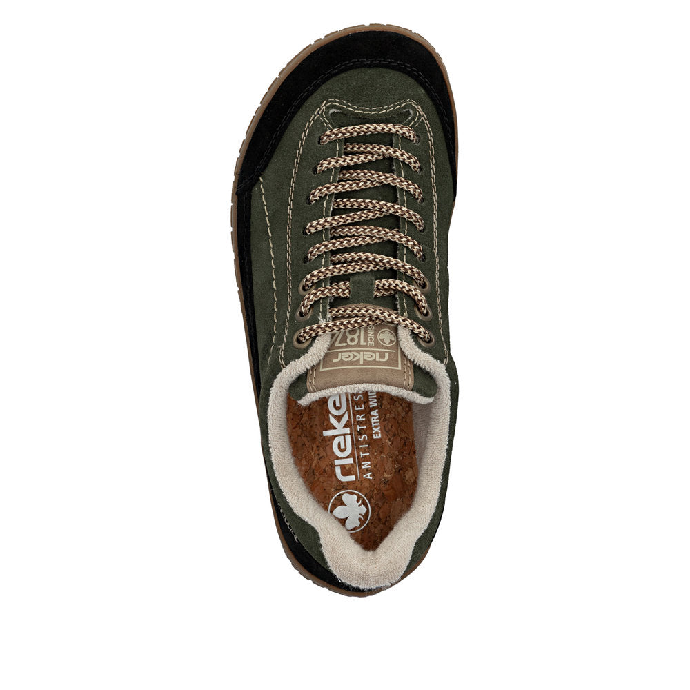 Rieker 52303-54 women's wide green/black suede lace up shoes, top view.