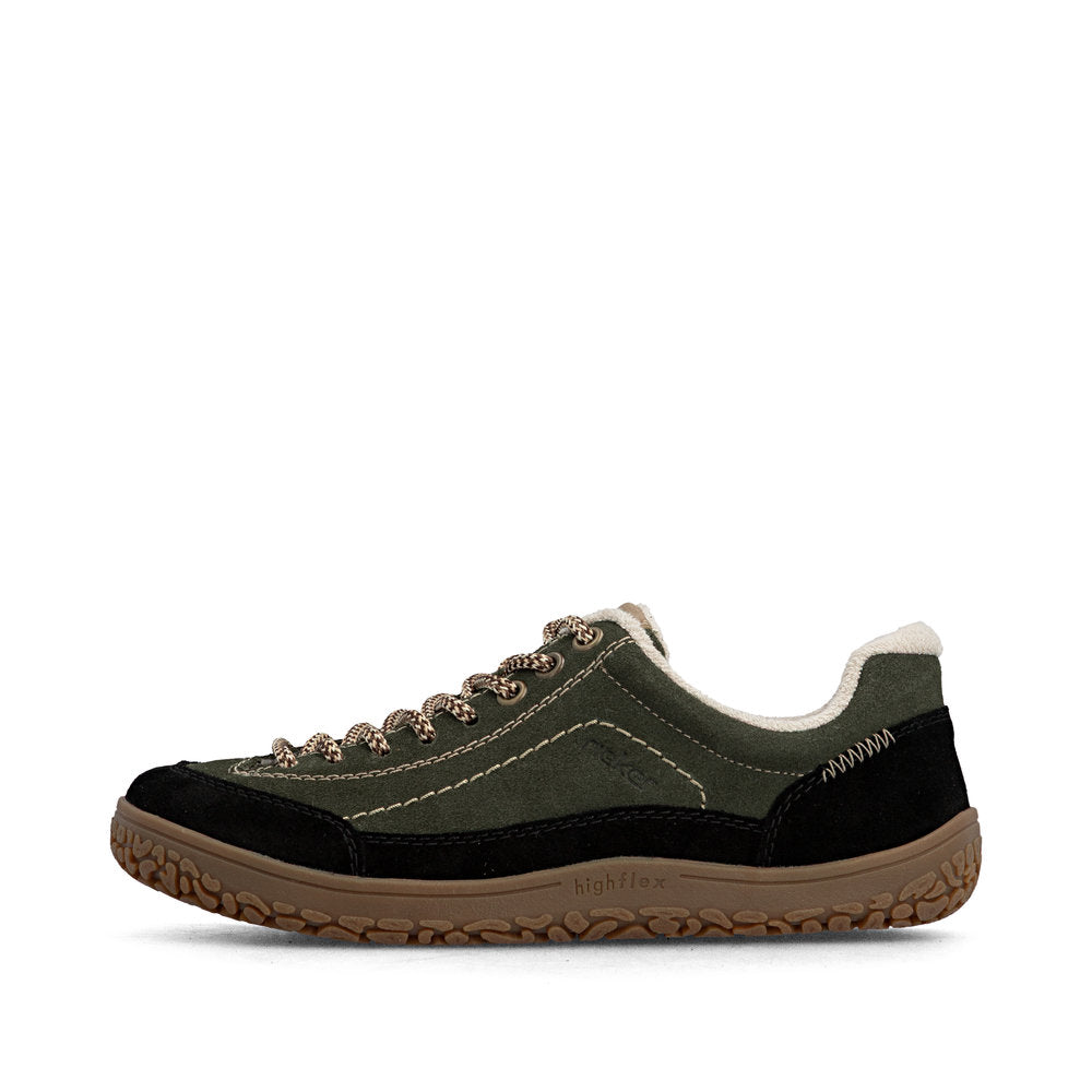 Rieker 52303-54 women's wide green/black suede lace up shoes, inner side view.