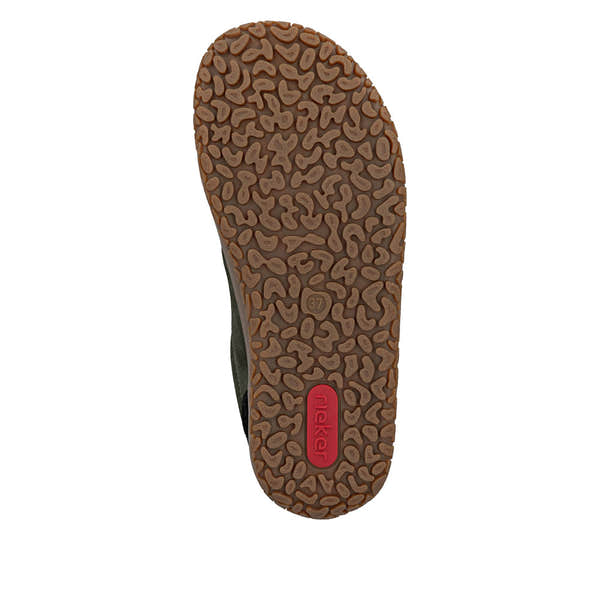 Rieker 52303-54 women's wide green/black suede lace up shoes, sole and tread view.