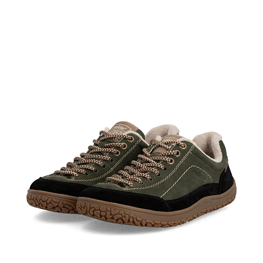 Rieker 52303-54 women's wide green/black suede lace up shoes, paired three-quarter view.
