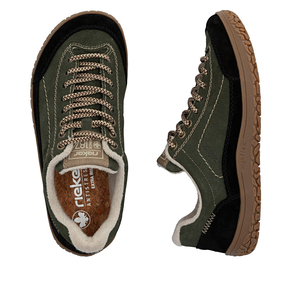 Rieker 52303-54 women's wide green/black suede lace up shoes, two-angle product view.