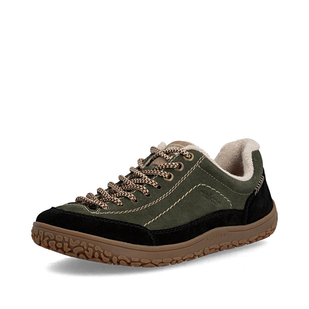Rieker 52303-54 women's wide green/black suede lace up shoes, front three-quarter view.
