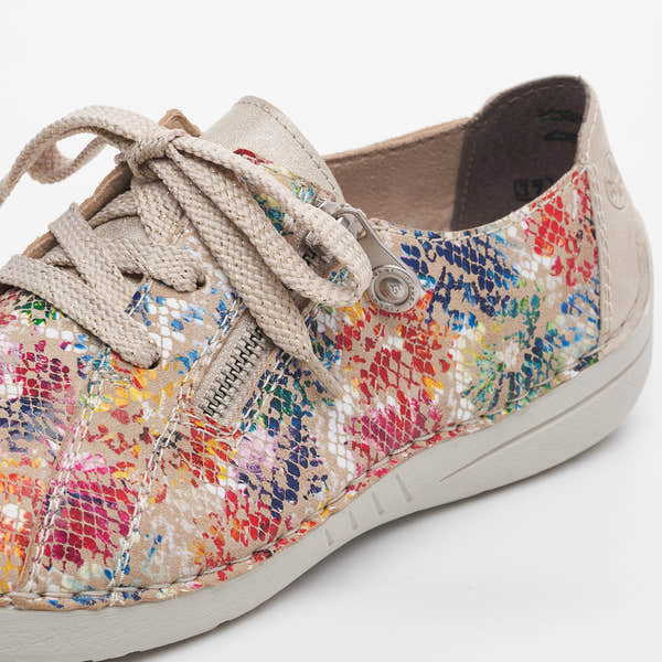 Rieker 52511-90 Ladies Beige Multi Leather & Textile Zip & Lace Trainers-elevate your sole