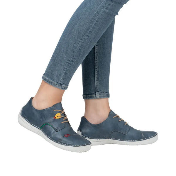 Rieker 52528-14 women's multi-colored lace-up casual shoes with white soles and decorative stitching.