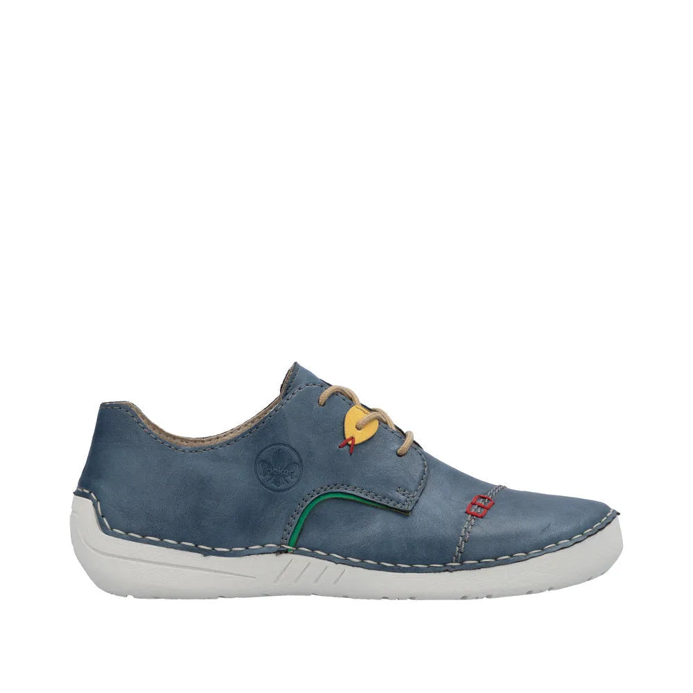 Rieker 52528-14 women's multi-colored lace-up casual shoes with white sole and decorative stitching.