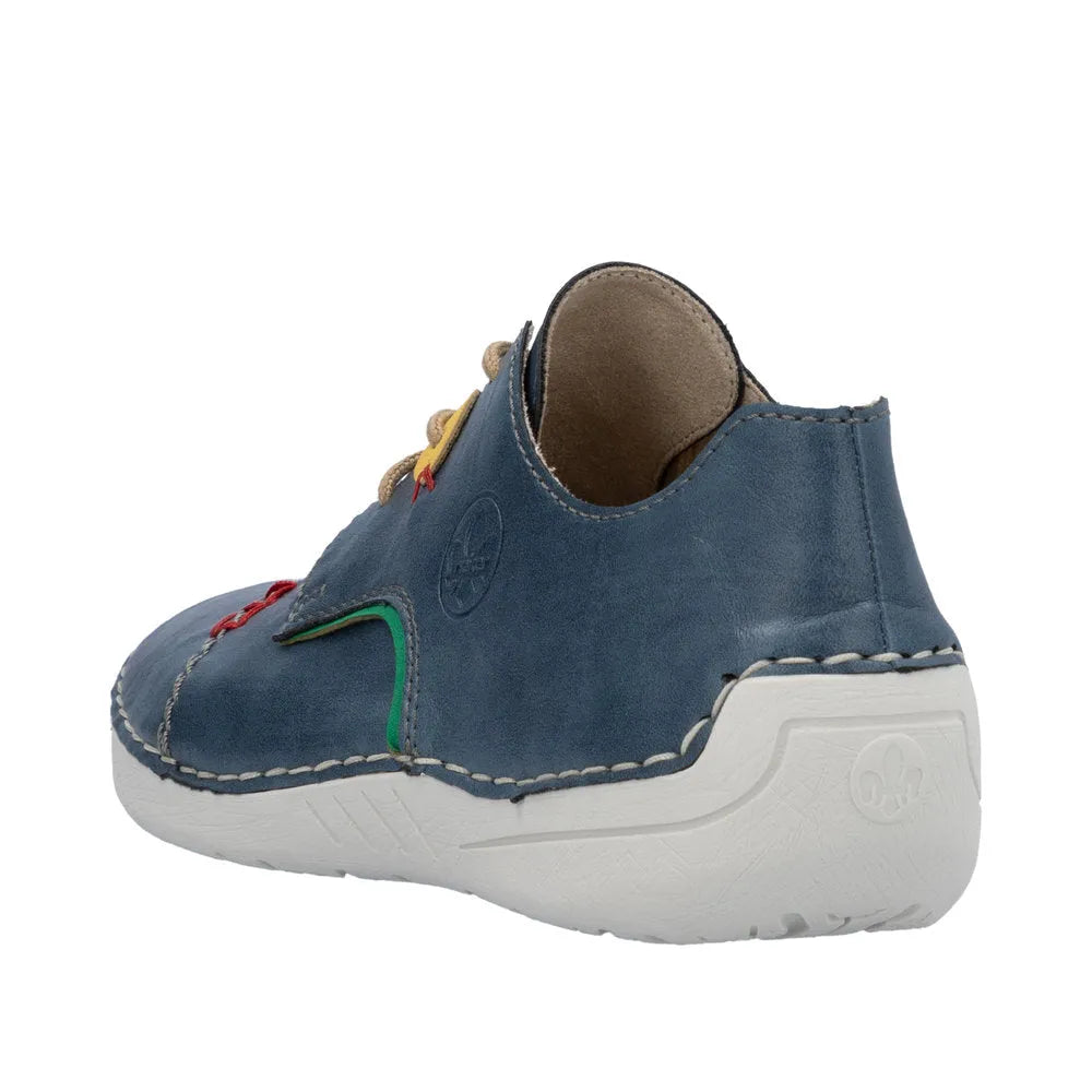 Rieker 52528-14 women's multi-color lace-up casual shoes with white sole and stitched detail.