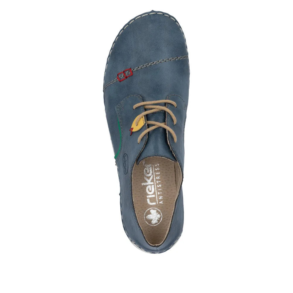 Rieker 52528-14 women's multi-color lace-up casual shoes with beige laces, leather upper, and anti-stress cushioned insole.