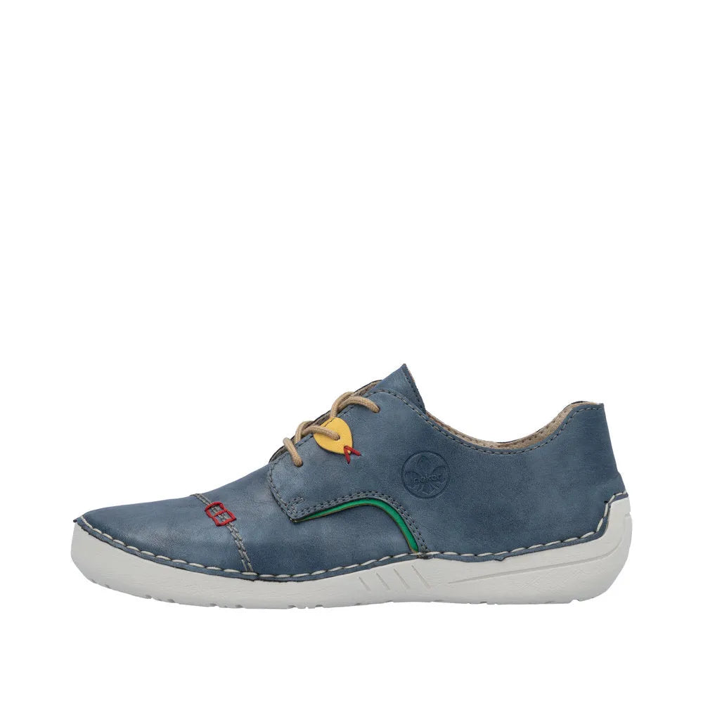 Rieker 52528-14 Ladies Multi Lace-Up Shoes, casual blue leather sneakers with colorful accents and white rubber sole.