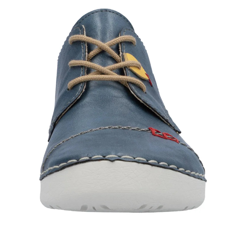 Rieker 52528-14 women's multi lace-up shoes with blue leather upper and white sole, casual and stylish footwear.