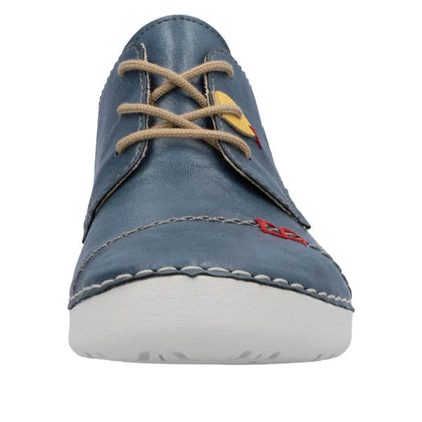 Rieker 52528-14 women's multi lace-up shoes with blue leather upper and white sole, casual and stylish footwear.