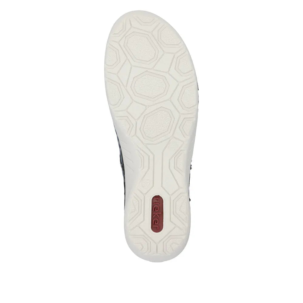 Rieker 52528-14 women's multi-color lace-up shoes with white rubber sole and hexagonal pattern, stylish and comfortable footwear.
