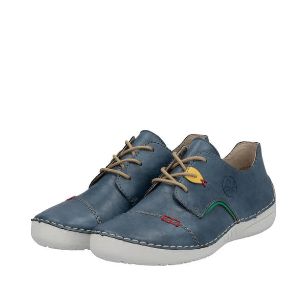 Rieker 52528-14 women's multi-colored lace-up casual shoes with stitched detailing and white rubber soles.