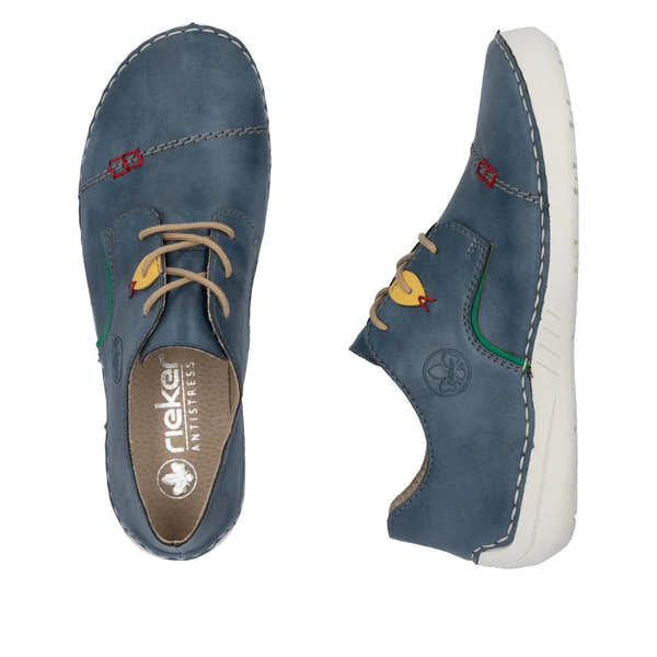 Rieker 52528-14 women's multi-colored lace-up casual shoes with white sole and decorative stitching.