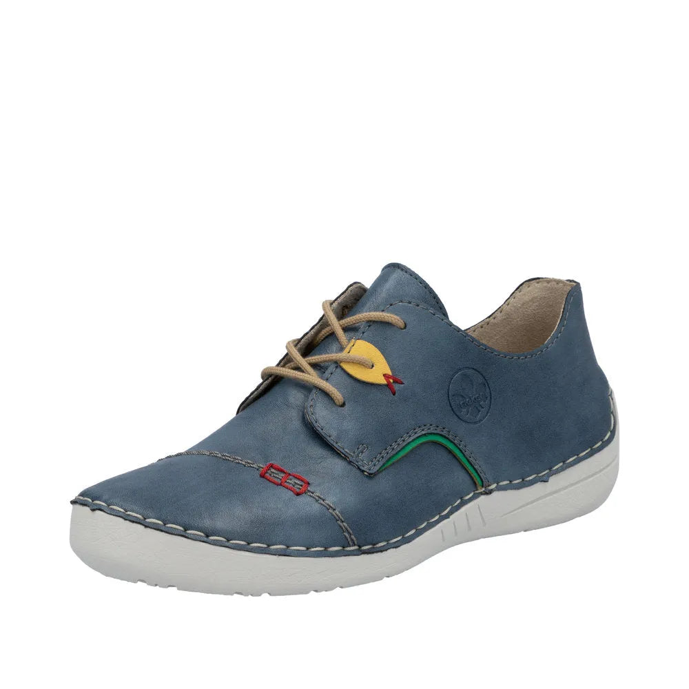 Rieker 52528-14 women's multi-color lace-up casual shoes with stitched detailing and a comfortable white sole.