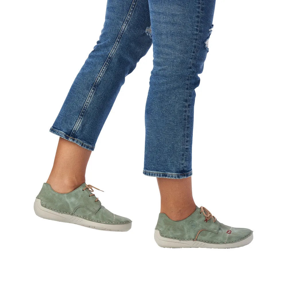 Rieker 52528-52 ladies mint/beige lace-up casual shoes with comfortable sole and stylish design.