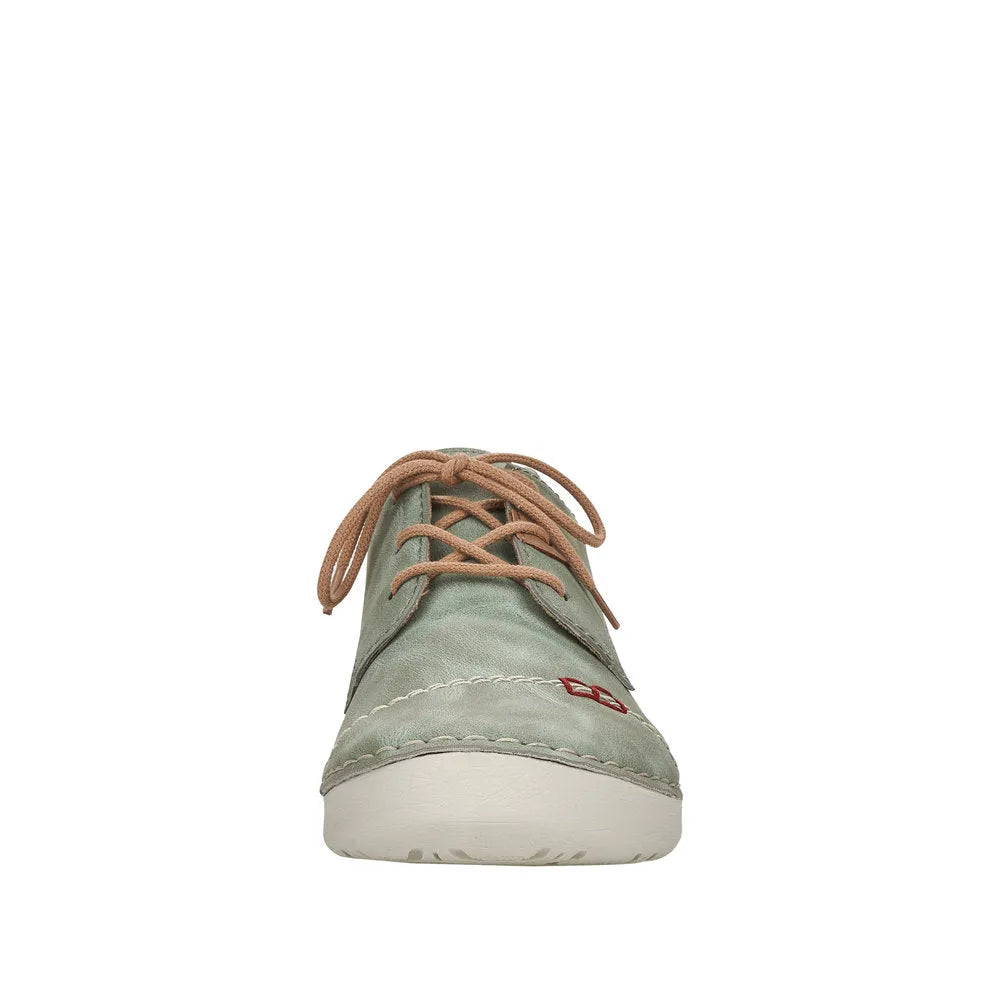 Rieker 52528-52 women's mint and beige lace-up casual shoes with white soles and tan laces.
