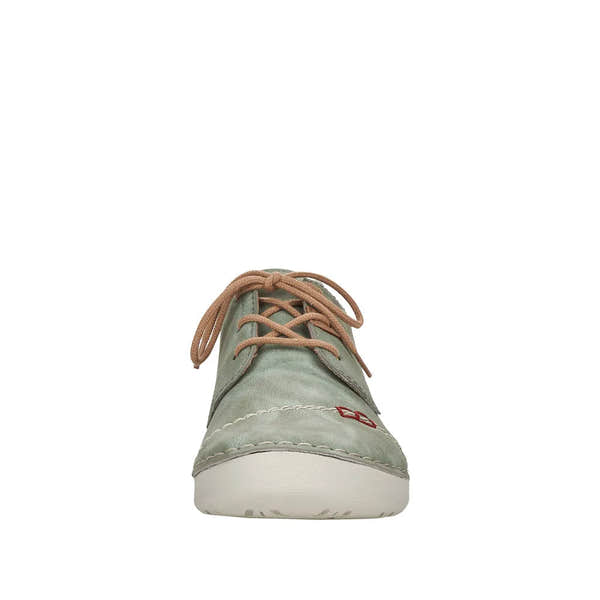 Rieker 52528-52 women's mint and beige lace-up casual shoes with white soles and tan laces.