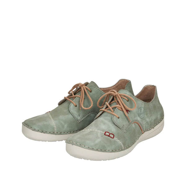 Rieker 52528-52 women's mint and beige lace-up casual shoes with stitched detail and slip-on design.