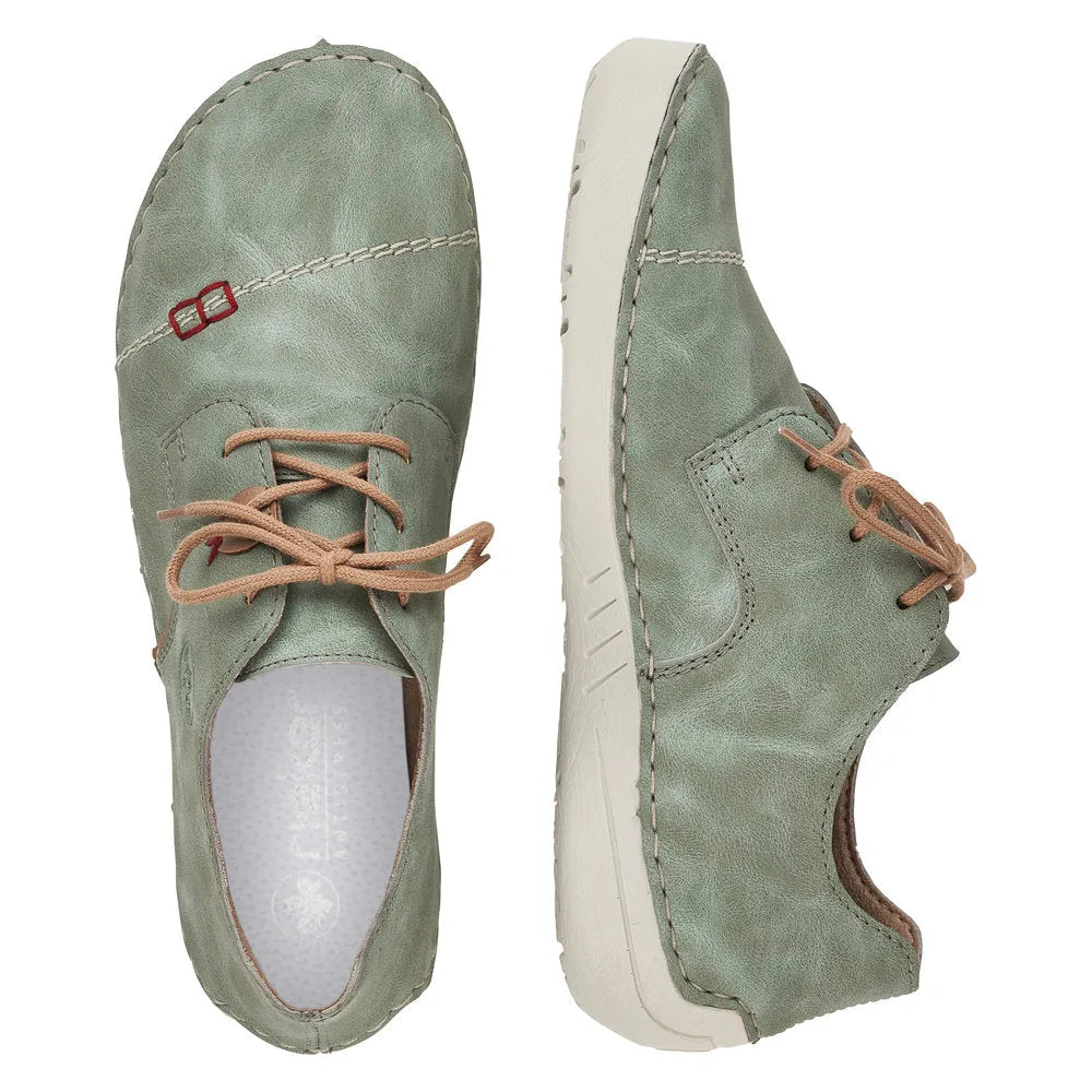 Rieker 52528-52 women's mint/beige lace-up shoes with stitched detailing and white sole.