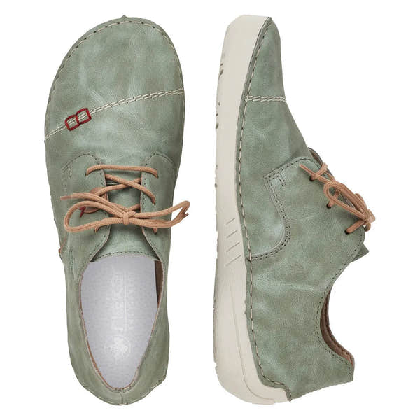 Rieker 52528-52 women's mint/beige lace-up shoes with stitched detailing and white sole.