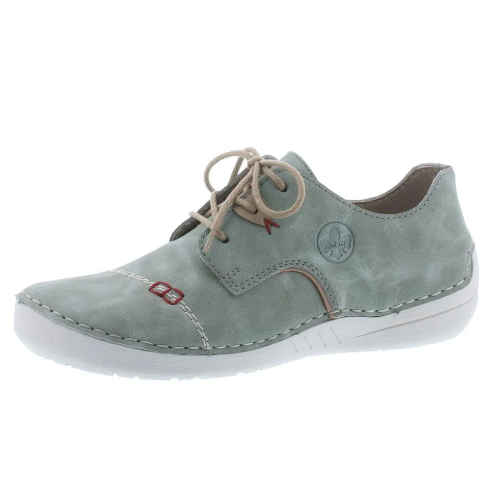 Rieker 52528-52 women's mint/beige lace-up casual shoes with stitched detailing and lightweight sole.
