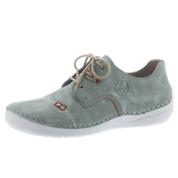 Rieker 52528-52 women's mint/beige lace-up casual shoes with stitched detailing and lightweight sole.