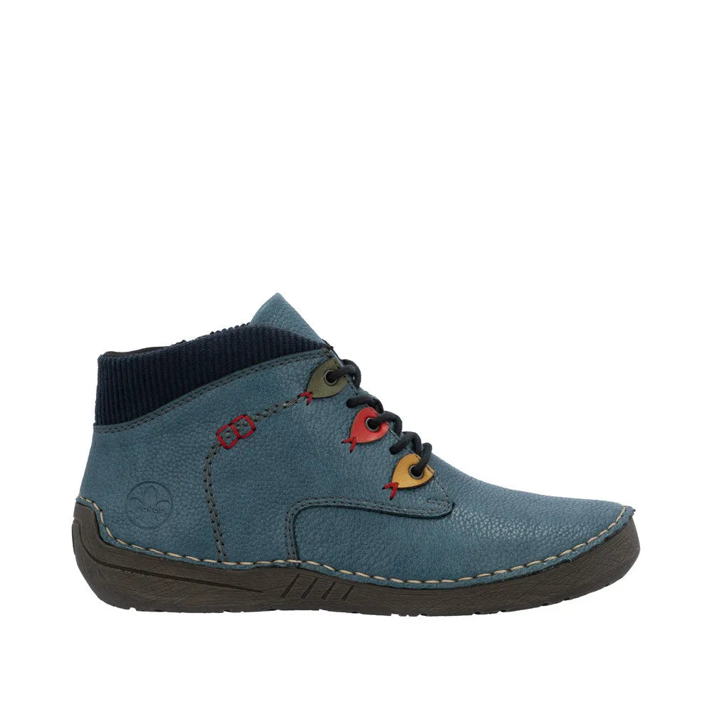 Rieker 52544-14 women's blue ankle boots with lace-up and zip closure, cushioned collar, and textured leather upper.
