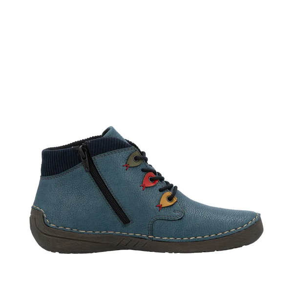 Rieker 52544-14 women's blue ankle boots with lace-up, zipper side, and colorful eyelet accents.