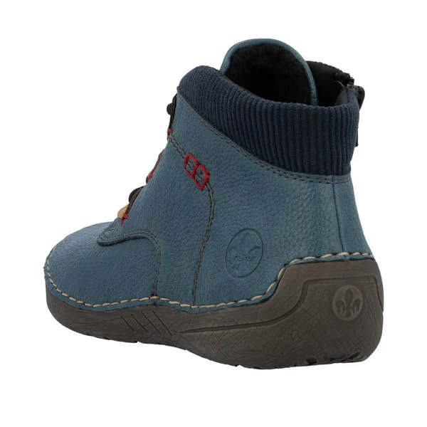 Rieker 52544-14 women's blue ankle boots with zip and lace-up closure, featuring a textured leather upper and slip-resistant sole.