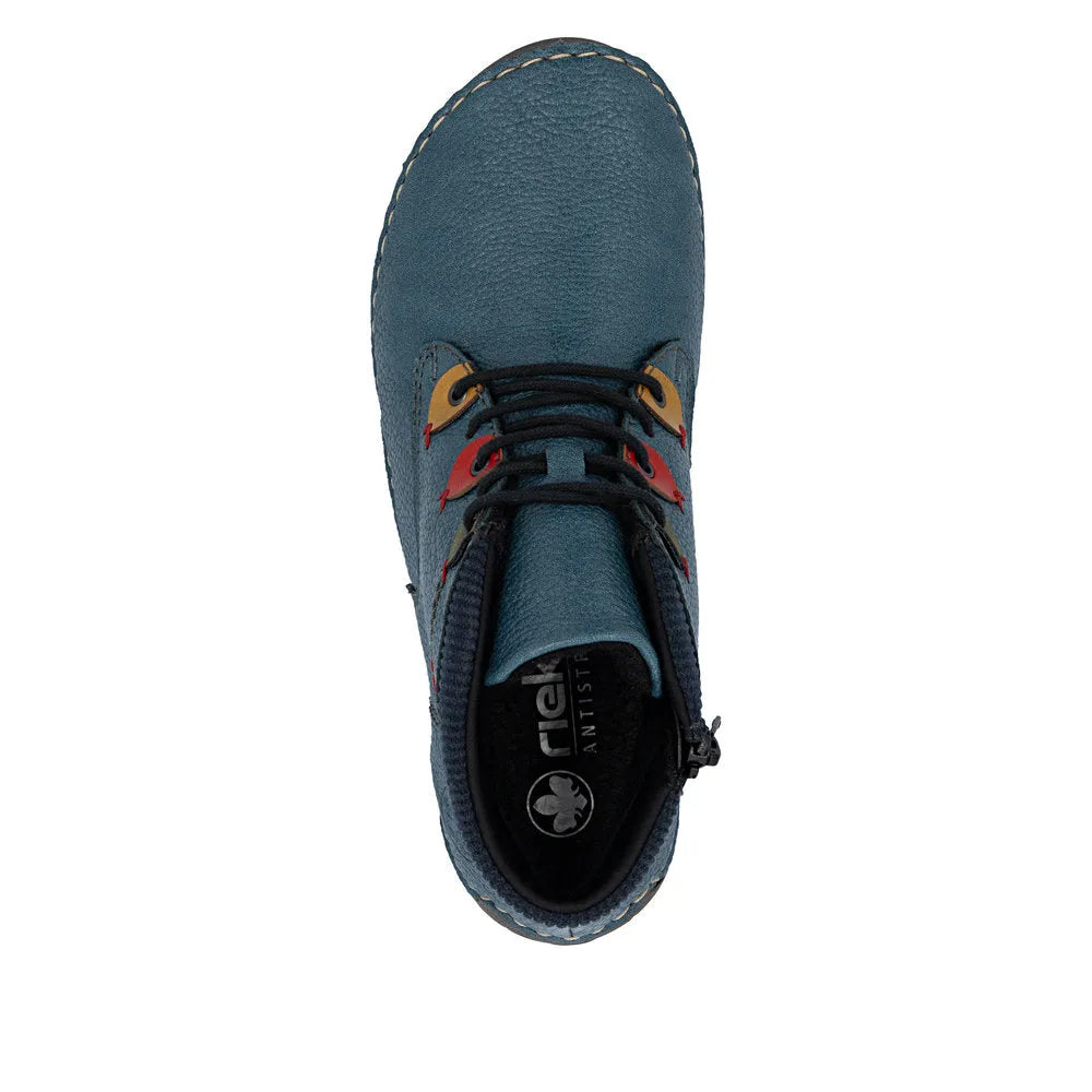 Rieker 52544-14 women's blue ankle boots with lace-up and zip closure, cushioned interior, and stylish design.