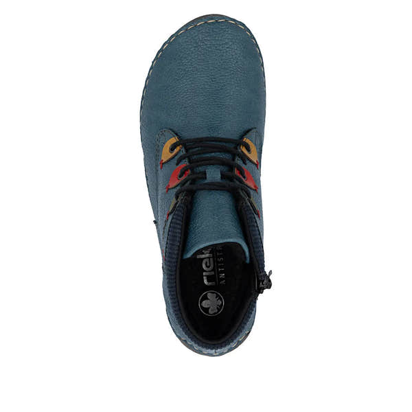 Rieker 52544-14 women's blue ankle boots with lace-up and zip closure, cushioned interior, and stylish design.