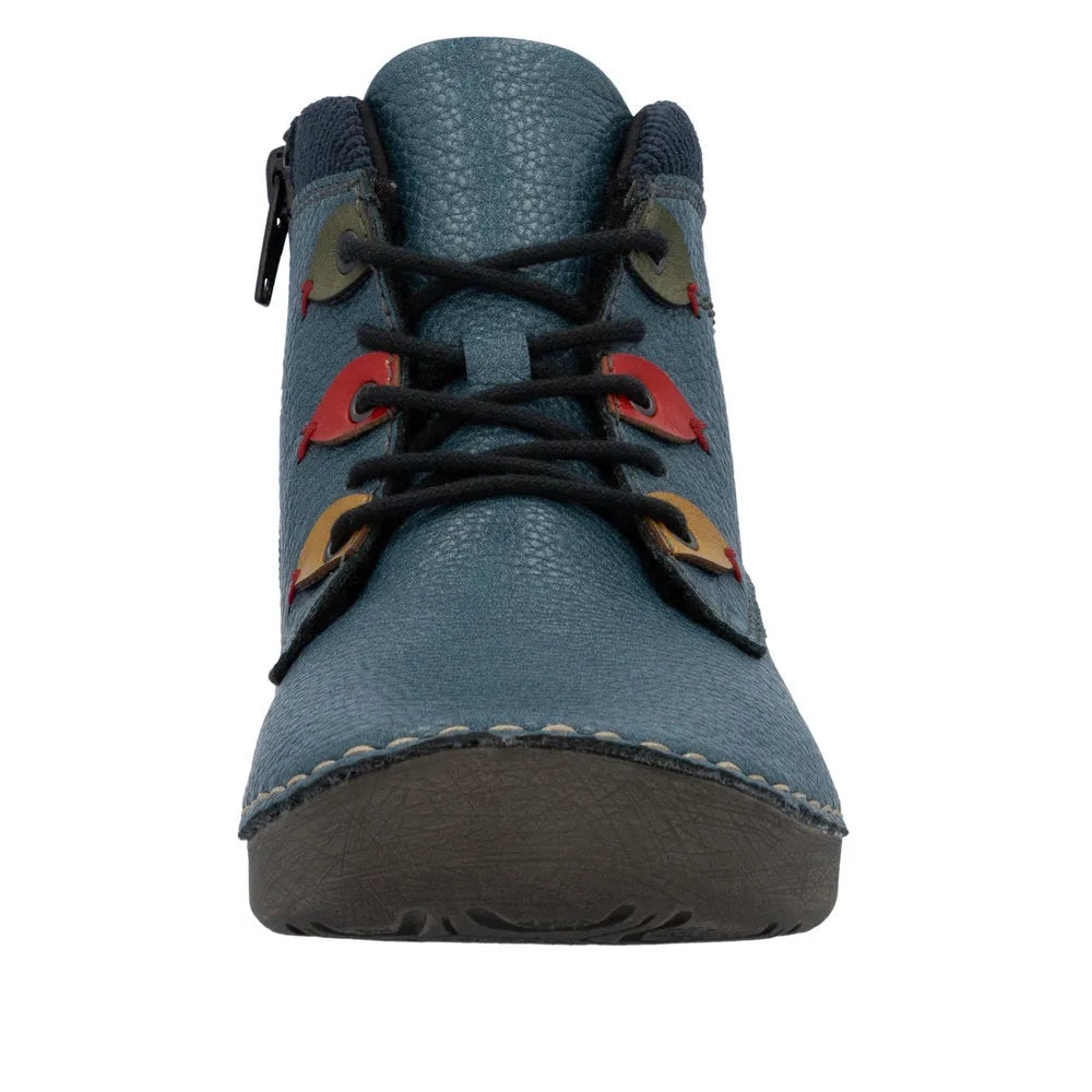 Rieker 52544-14 Ladies Blue Zip & Lace Ankle Boots, textured leather, black laces, side zipper, stylish and comfortable footwear.