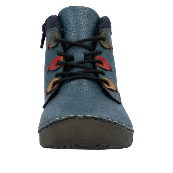 Rieker 52544-14 Ladies Blue Zip & Lace Ankle Boots, textured leather, black laces, side zipper, stylish and comfortable footwear.
