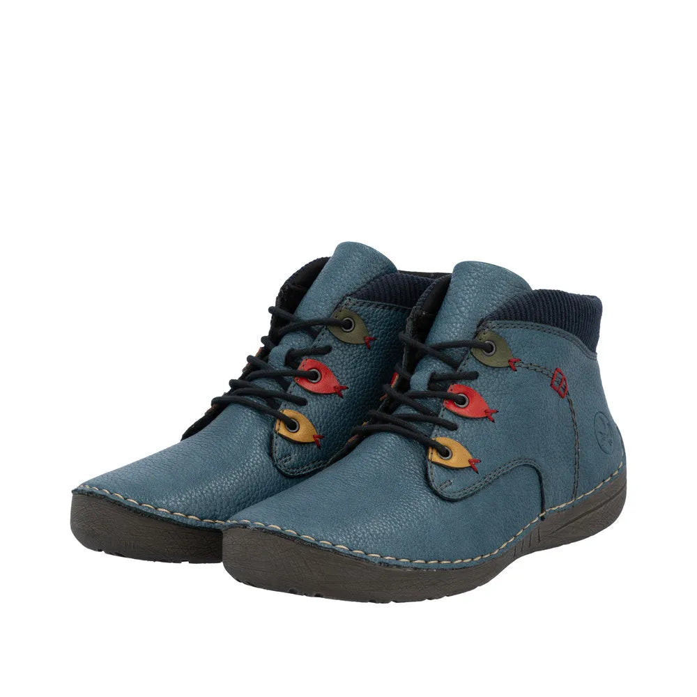 Rieker 52544-14 women's blue ankle boots with lace-up front, zip closure, and decorative fish motifs for casual wear.